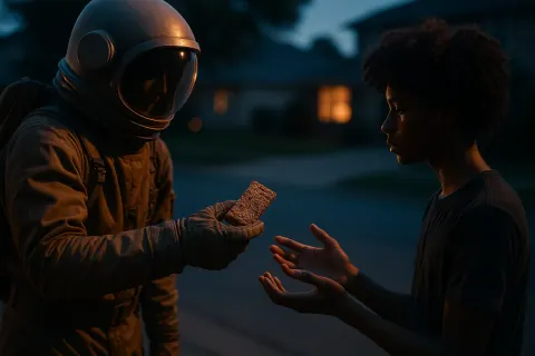 Androgynous Pioneer Astronaut in Earthy Tones Extends a Textured Space