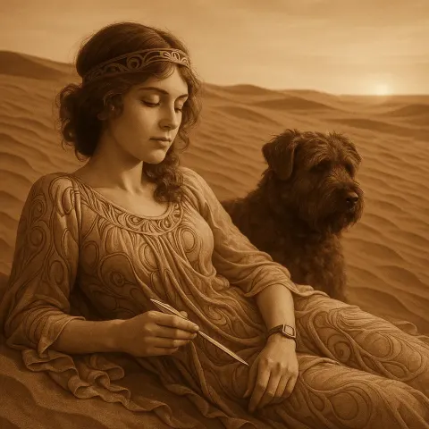 Innocent Bohemian in Flowing Art Nouveau Garments Reclines on Vast