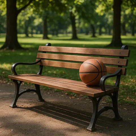 Park Setting Where a Wooden Bench Holds a Basketball