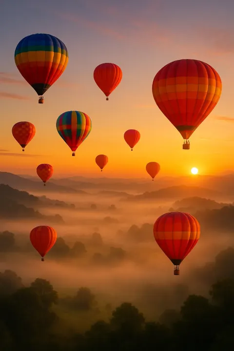 Vibrant Fleet of Hot Air Balloons Gracefully Ascends