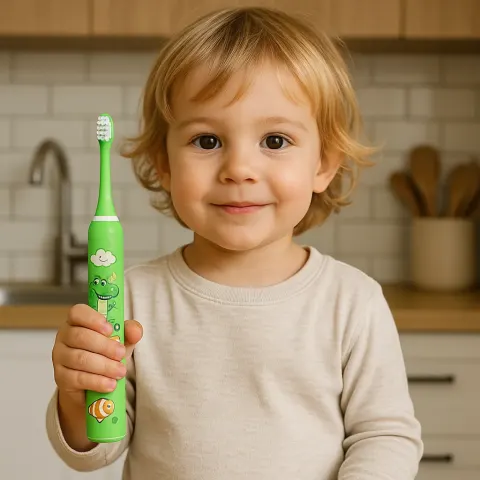 Young Child Holding a Green Electric Toothbrush with Cartoon Graphics