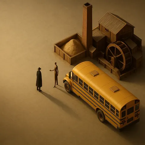 Two Diminutive Figures—one a Silhouette in a Long Coat