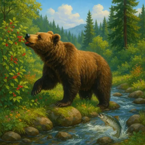 Bear Wandering by a Creek in the Lively Summer Landscape