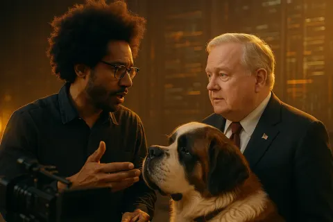 Film Director with a Distinctive Afro and Gold-leaf Lapel Pin