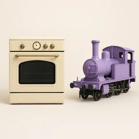 Lavender Train Engine Alongside an Oven in Beige