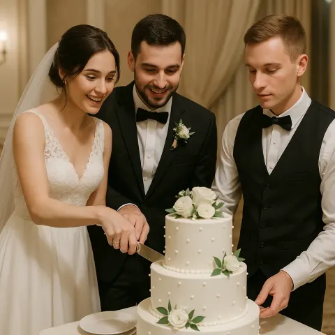 Bride and Groom Are Cutting a Tiered Wedding Cake