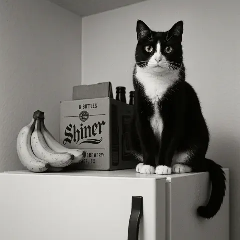 Black-and-white Cat Perched on Top of a Refrigerator with Various