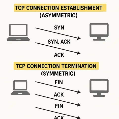 Slide Explaining TCP Connection Establishment (asymmetric) and Termination (symmetric)