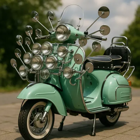 Mint-green Vintage Scooter Adorned with Numerous Mirrors