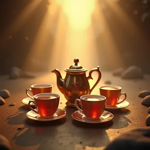 Four Teacups Circling a Kettle in Golden Light