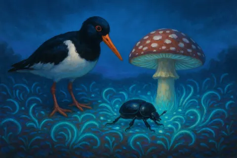 Oystercatcher Watches a Dung Beetle Approach an Agaric