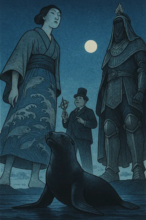 Tall Ukiyo-e Styled Person in a Skirt with Aquatic Motifs