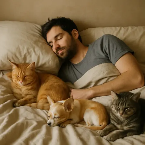 Man Sleeps in Bed Alongside Three Pets