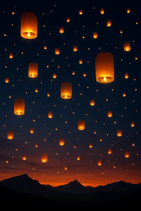 Innumerable Glowing Paper Lanterns Drift Serenely Upwards into a Twilight