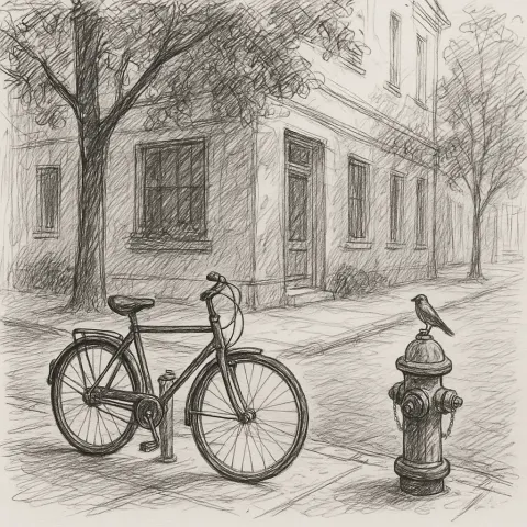 Black and White Drawing of a Tranquil Street Corner