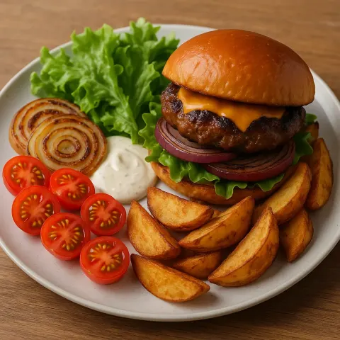 Dish Showcasing a Stacked Burger