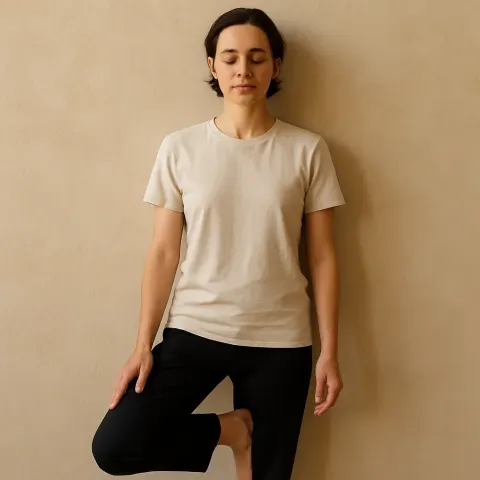 Person Calmly Leans Against a Softly Textured Beige Wall