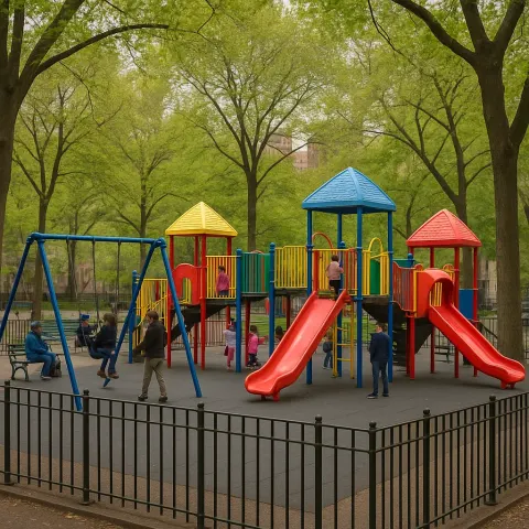Fenced Playground with People and Colorful Structures