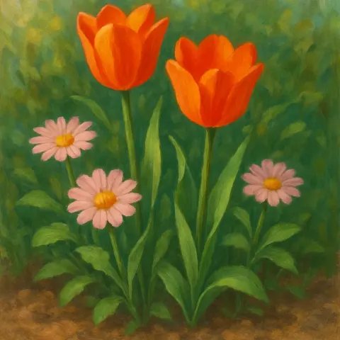 Vibrant Garden Display Features a Pair of Radiant Orange Tulips