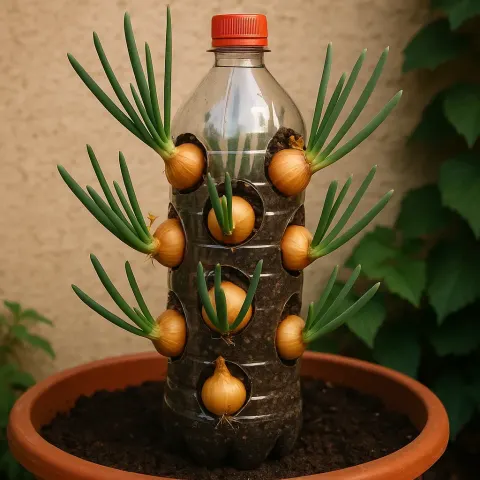DIY Vertical Onion Growing System Made from a Plastic Bottle