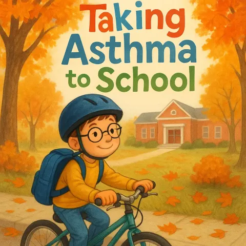 Young Boy Wearing Glasses and a Helmet Rides a Bike