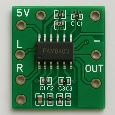 Green Circuit Board Featuring a PAM8403 Audio Amplifier Chip