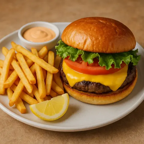 Plate of Fries Served with a Cheeseburger Topped with Lettuce
