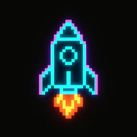 Simplistic 8-bit Pixel-style Logo Featuring a Neon Rocket