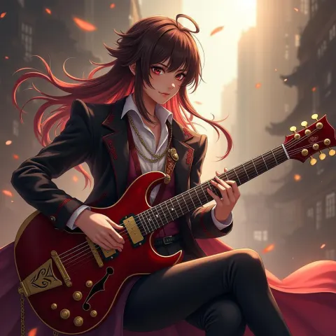 Anime Bard Strumming Guitar in Dramatic Light