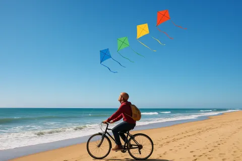 Person Riding a Bicycle on a Beach Flies a Series