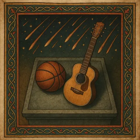 Basketball and Acoustic Guitar on a Pedestal