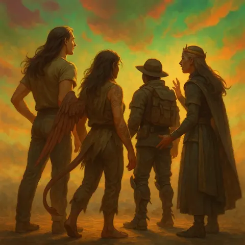 Four Diverse Figures Interact in an Off-center Group