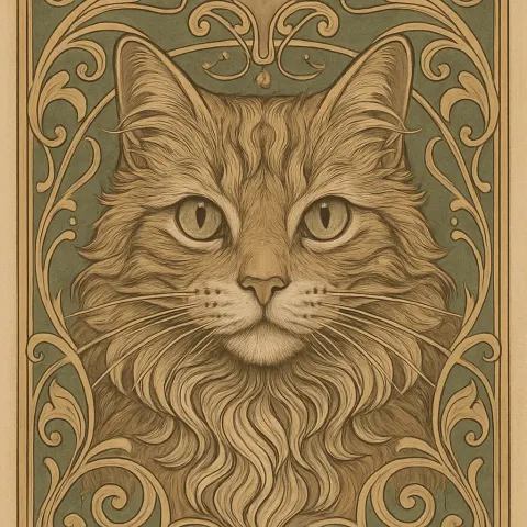 Meticulously Crafted Art Nouveau Lithograph Centered on a Cat's Face