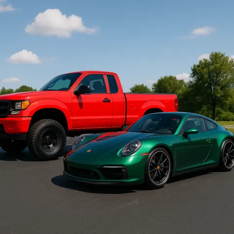 Vibrant Red Pickup Truck Stands Beside a Polished Emerald