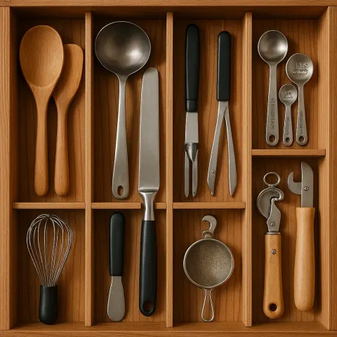 Wooden Kitchen Drawer Organizer Filled with Various Cooking Utensils