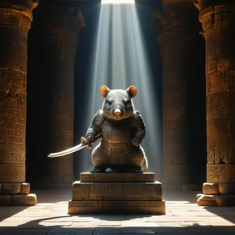 Sword Raised Wombat Statue in Temple Light