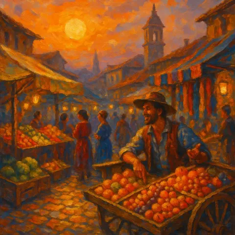 Evocative Oil Painting Portrays a Lively Marketplace
