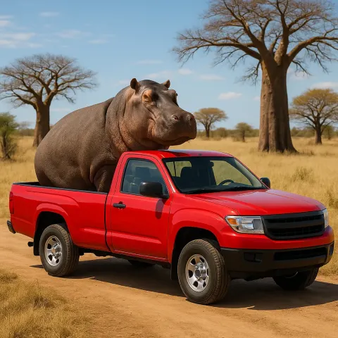 Striking Red Pickup Truck Sits Idling on a Dusty Path