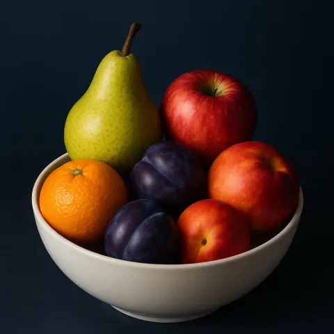 White Bowl Filled with Assorted Fruits Including a Pear