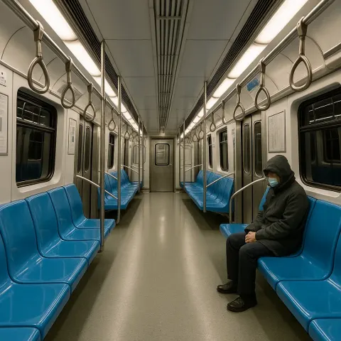 Nearly Empty Subway Car with Blue Seats and a Single