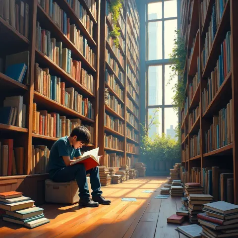 Student Immersed in Books Under Window Light