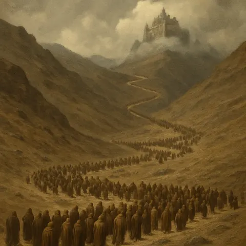Scattered Procession of Hundreds of Robed Pilgrims Makes its Slow