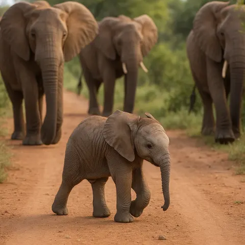 Baby Elephant Walking on a Dirt Road with Adult Elephants