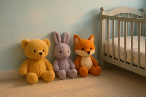 Three Stuffed Toys—a Golden Teddy Bear