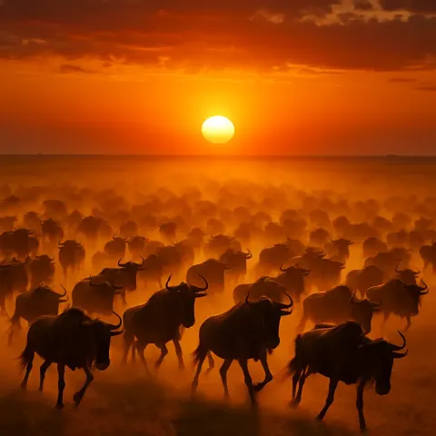 Vast Herd of Wildebeest Thunders Across an Endless Savanna Plain