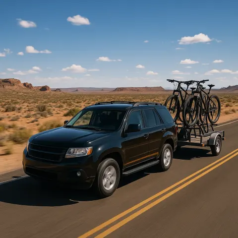 Black SUV Towing a Trailer with Mounted Bicycles Drives