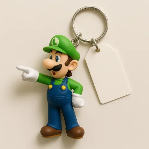 Luigi Keychain Figurine Pointing to the Left with a Tag