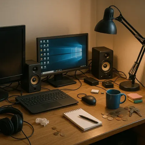 Cluttered Desk Setup Featuring a Laptop