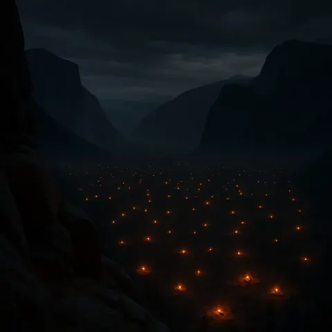 Countless Distant Campfires Flicker Like Scattered Embers Across a Vast