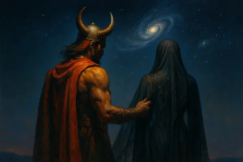 Frazetta-style Ruler in Volcanic-hued Regalia Examines the Intricate